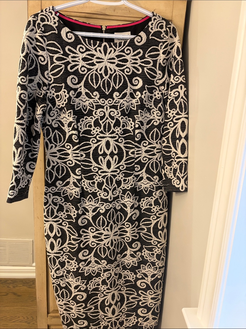 Eliza J Black Dress with White Lace-Style Pattern